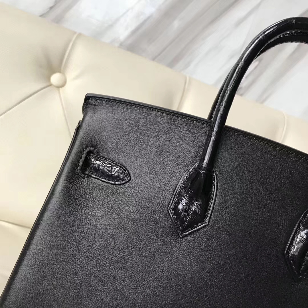 Discount Hermes CK89 Black Swift Calf/Shiny Crocodile Leather Birkin25CM Rose Gold Hardware