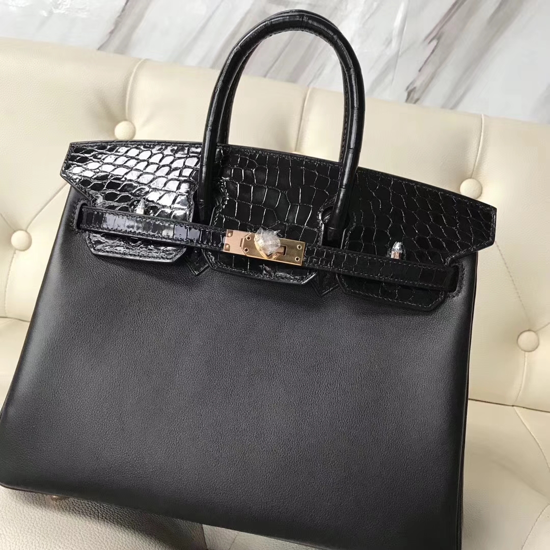 Discount Hermes CK89 Black Swift Calf/Shiny Crocodile Leather Birkin25CM Rose Gold Hardware