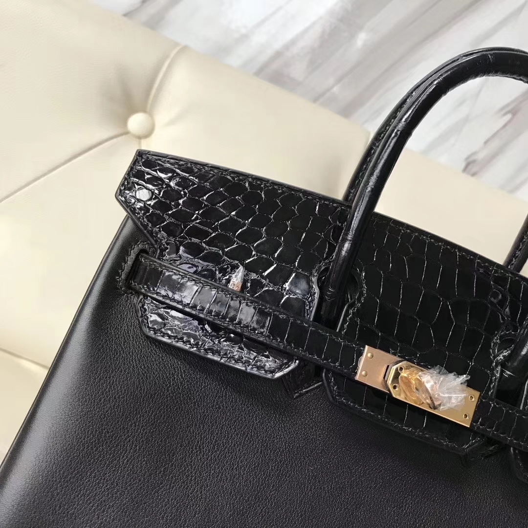 Discount Hermes CK89 Black Swift Calf/Shiny Crocodile Leather Birkin25CM Rose Gold Hardware