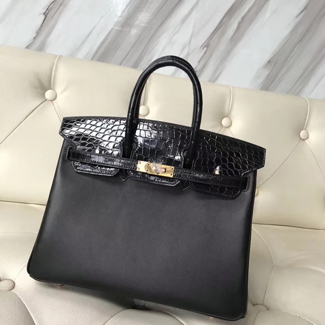 Discount Hermes CK89 Black Swift Calf/Shiny Crocodile Leather Birkin25CM Rose Gold Hardware