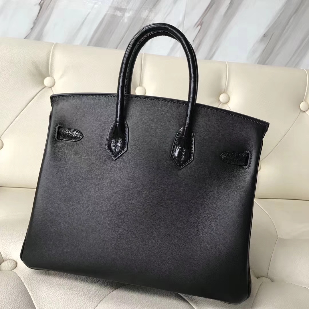 Discount Hermes CK89 Black Swift Calf/Shiny Crocodile Leather Birkin25CM Rose Gold Hardware