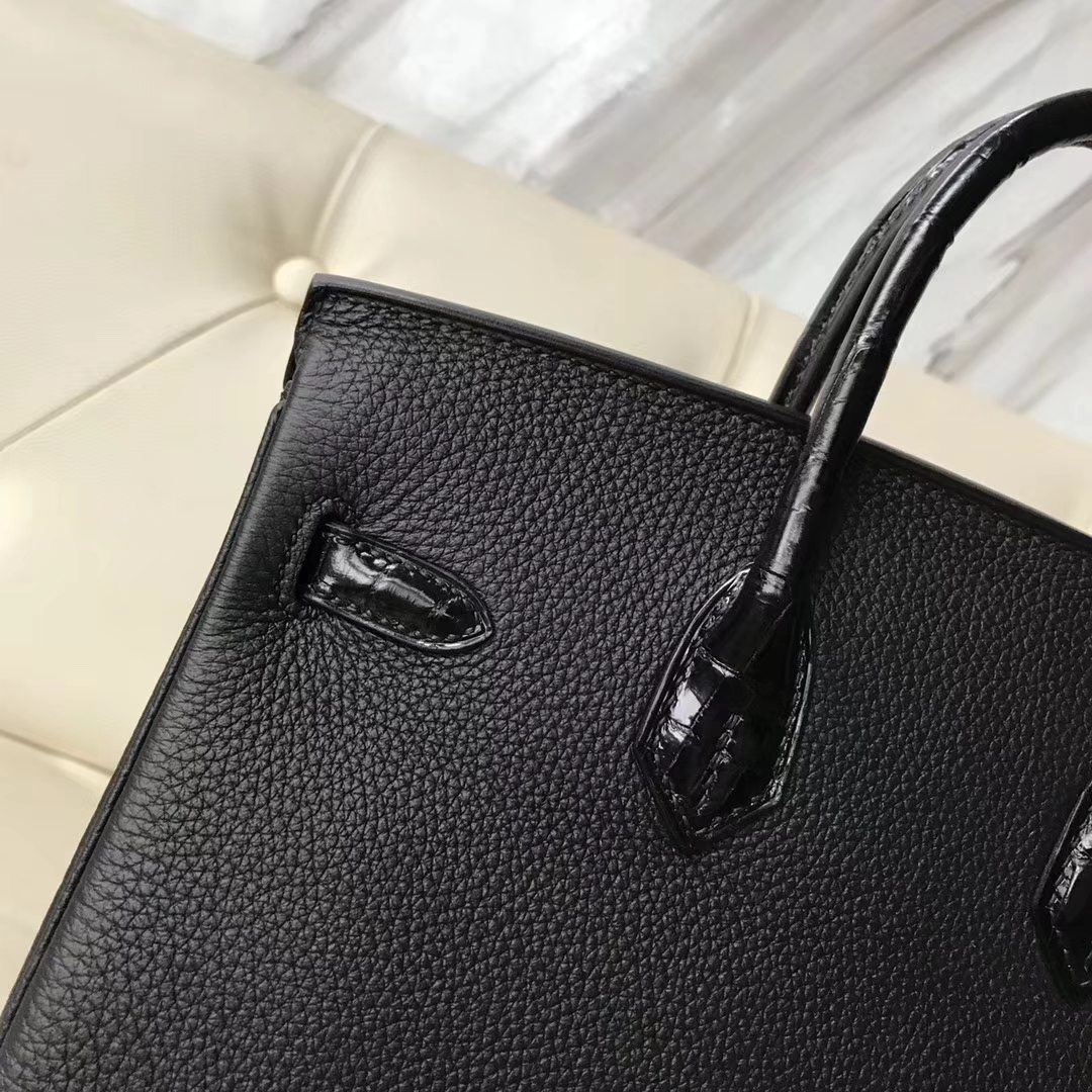 Elegant Hermes Togo Calf &#038; Shiny Crocodile Leather Birkin Bag25CM in CK89 Black Rose Gold Hardware