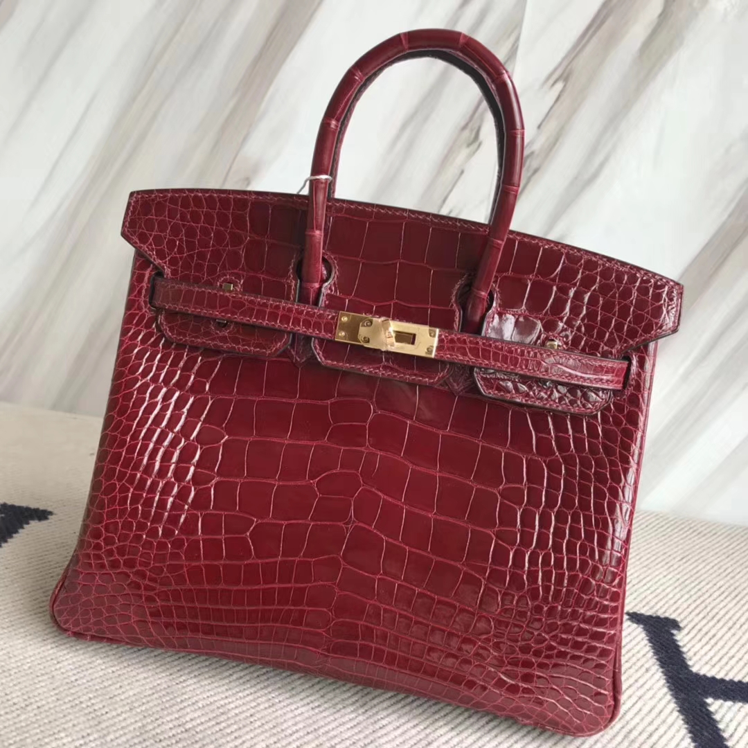 Discount Hermes F5 Bourgogne Red Alligator Shiny Crocodile Birkin25CM Gold Hardware