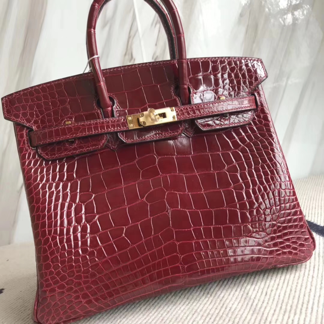 Discount Hermes F5 Bourgogne Red Alligator Shiny Crocodile Birkin25CM Gold Hardware