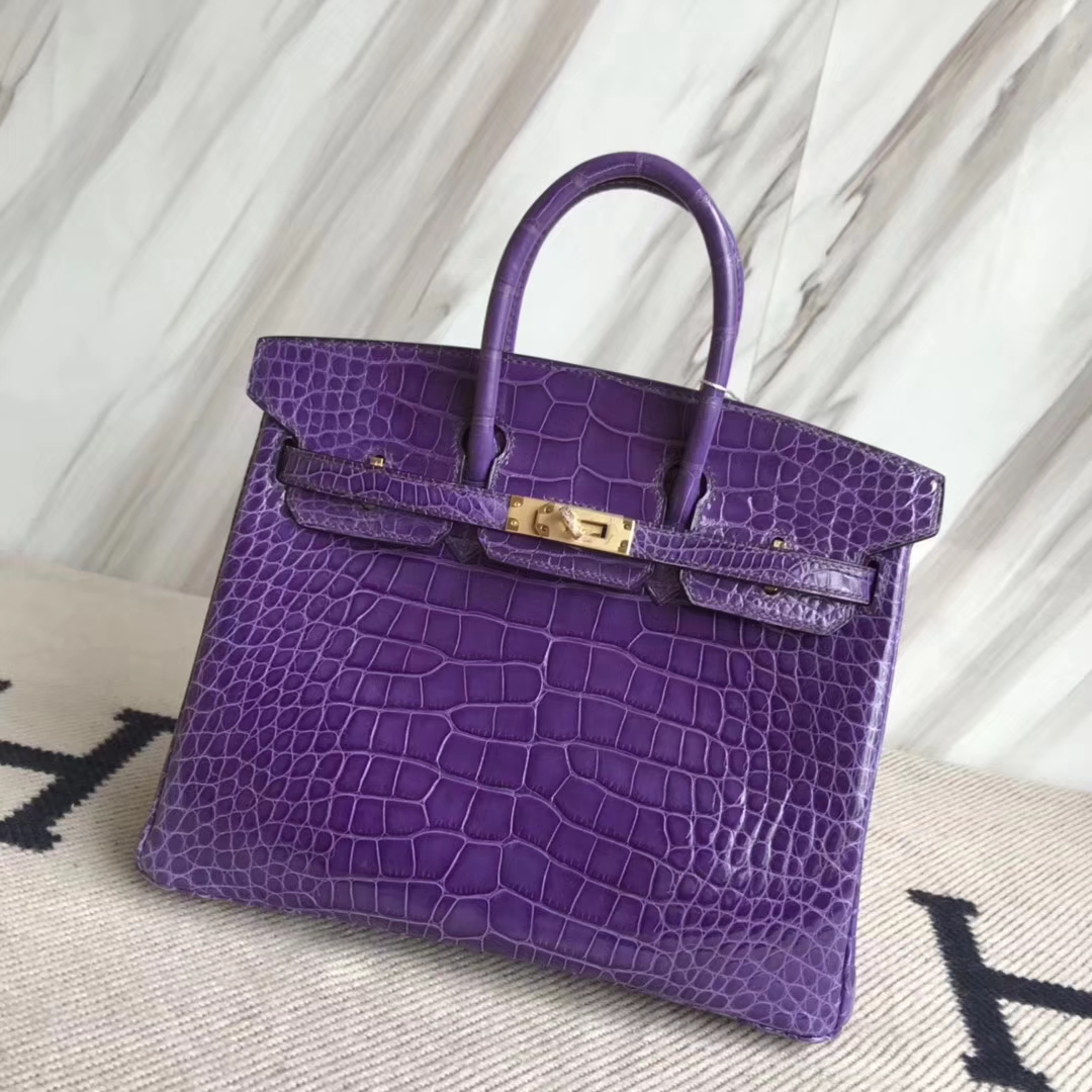 Fashion Hermes Porosus Shiny Crocodile Birkin25CM Bag in 9W Crocus Purple Gold Hardware