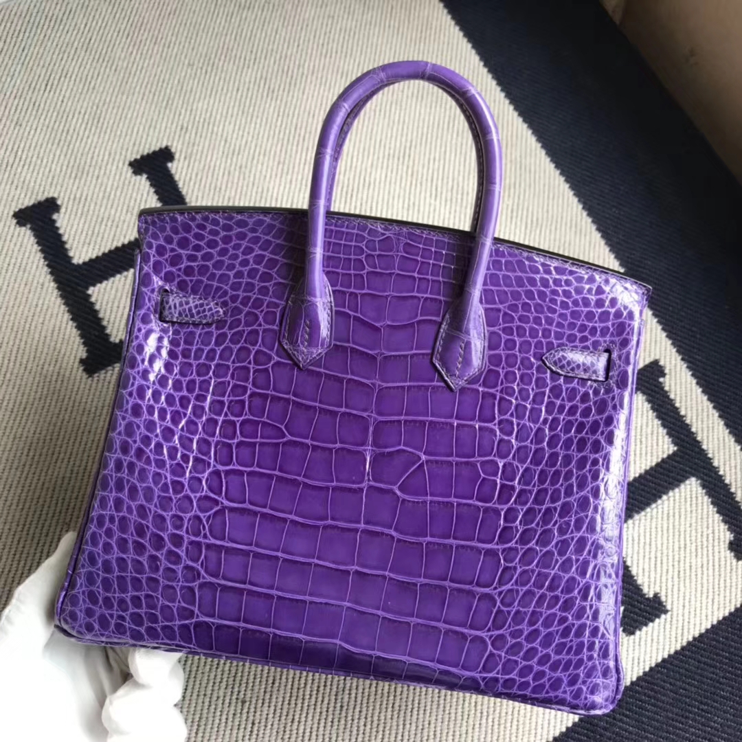 Fashion Hermes Porosus Shiny Crocodile Birkin25CM Bag in 9W Crocus Purple Gold Hardware
