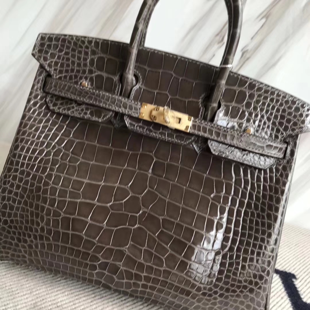 Discount Hermes 88 Graphite Grey Shiny Crocodile Leather Birkin25CM Bag Gold Hardware