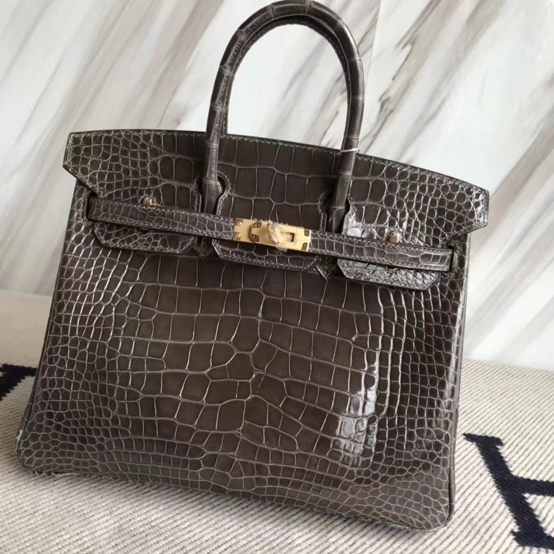 Discount Hermes 88 Graphite Grey Shiny Crocodile Leather Birkin25CM Bag Gold Hardware