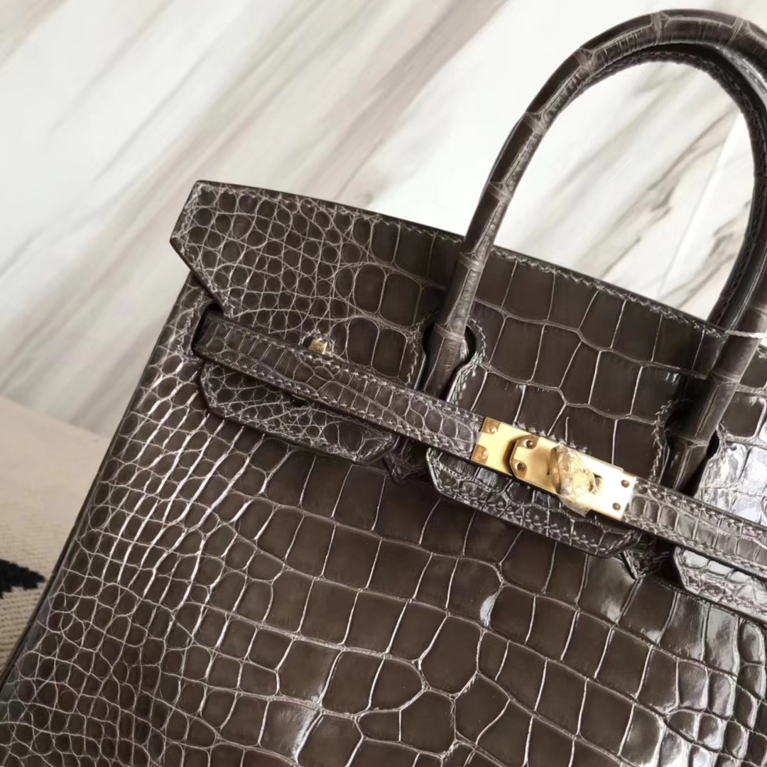 Discount Hermes 88 Graphite Grey Shiny Crocodile Leather Birkin25CM Bag Gold Hardware