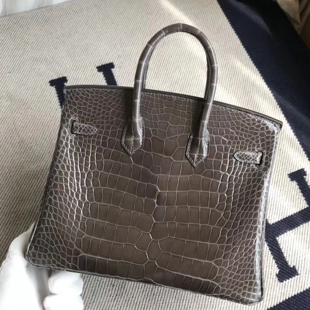 Discount Hermes 88 Graphite Grey Shiny Crocodile Leather Birkin25CM Bag Gold Hardware
