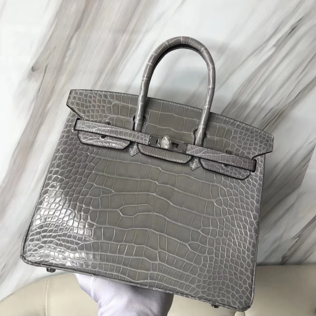 Sale Hermes Alligator Shiny Crocodile Birkin Bag25CM in M8 Gris Paris Silver Hardware