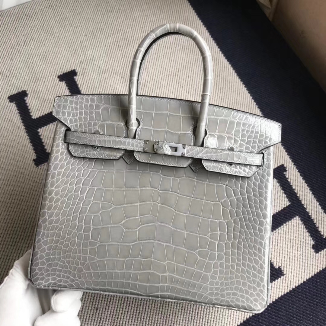 Sale Hermes Alligator Shiny Crocodile Birkin Bag25CM in M8 Gris Paris Silver Hardware