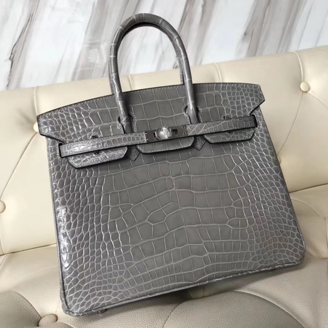 Sale Hermes Alligator Shiny Crocodile Birkin Bag25CM in M8 Gris Paris Silver Hardware