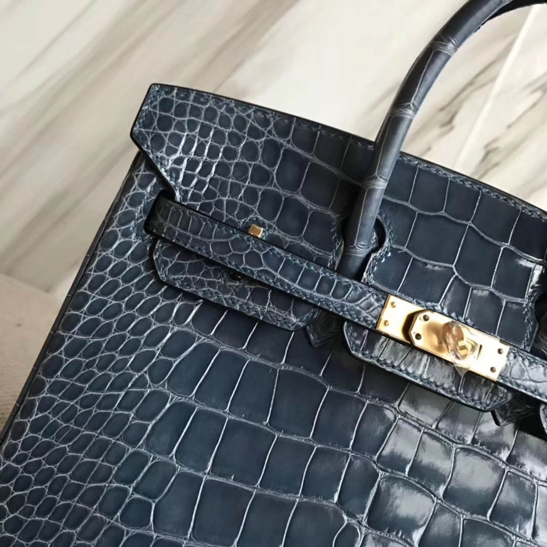 Luxury Hermes 1P Blue Colvert Shiny Crocodile Leather Birkin25CM Bag Gold Hardware
