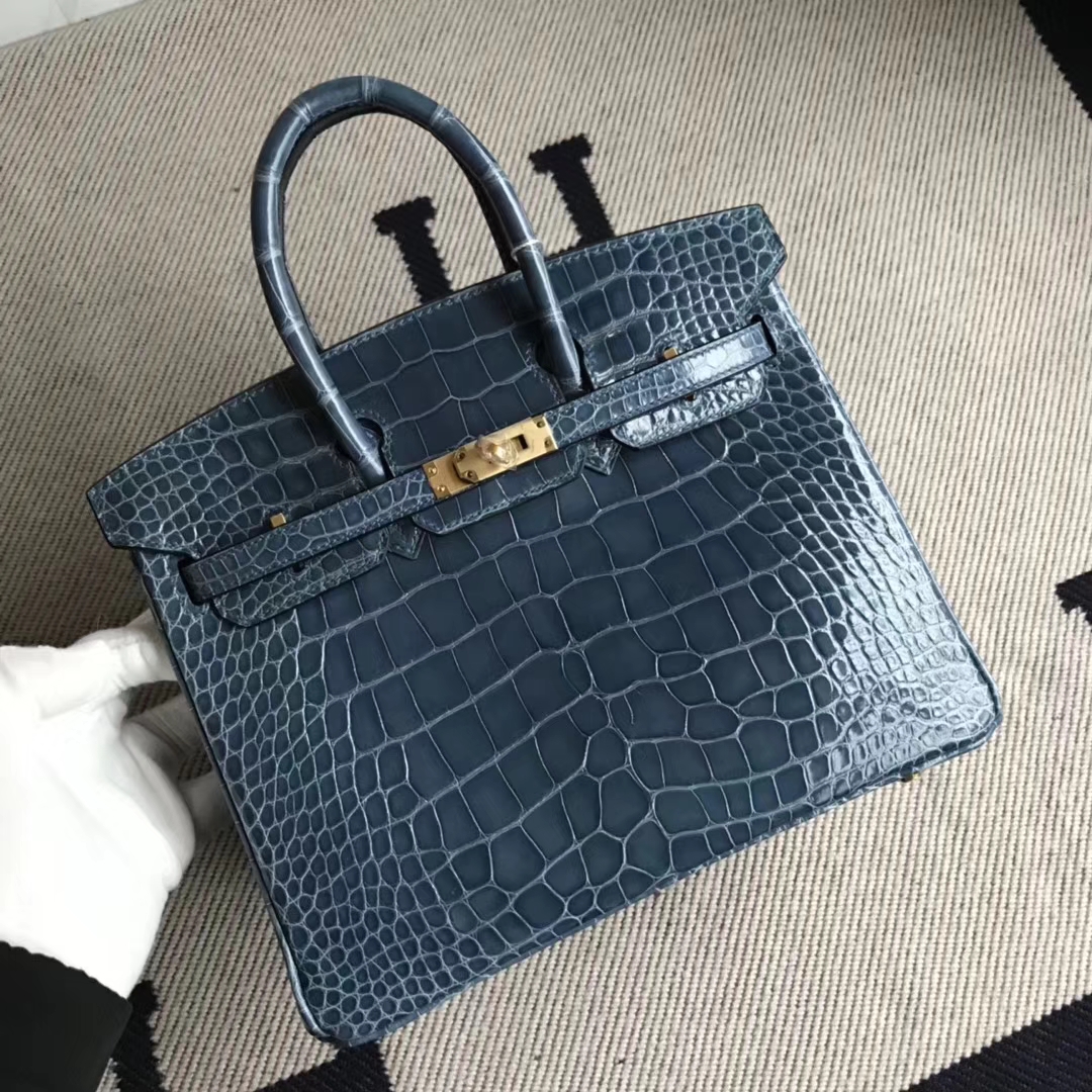 Luxury Hermes 1P Blue Colvert Shiny Crocodile Leather Birkin25CM Bag Gold Hardware