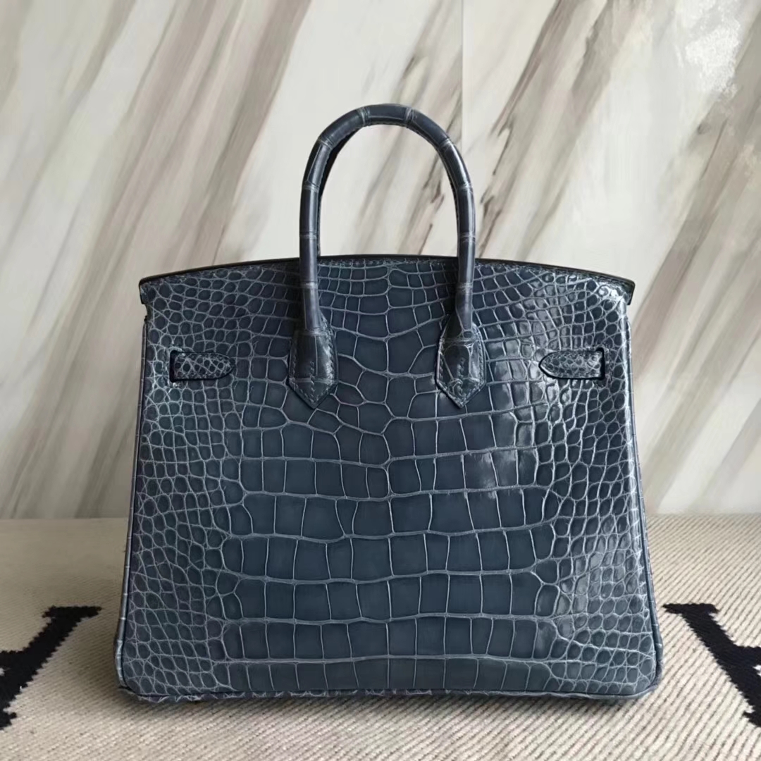 Luxury Hermes 1P Blue Colvert Shiny Crocodile Leather Birkin25CM Bag Gold Hardware