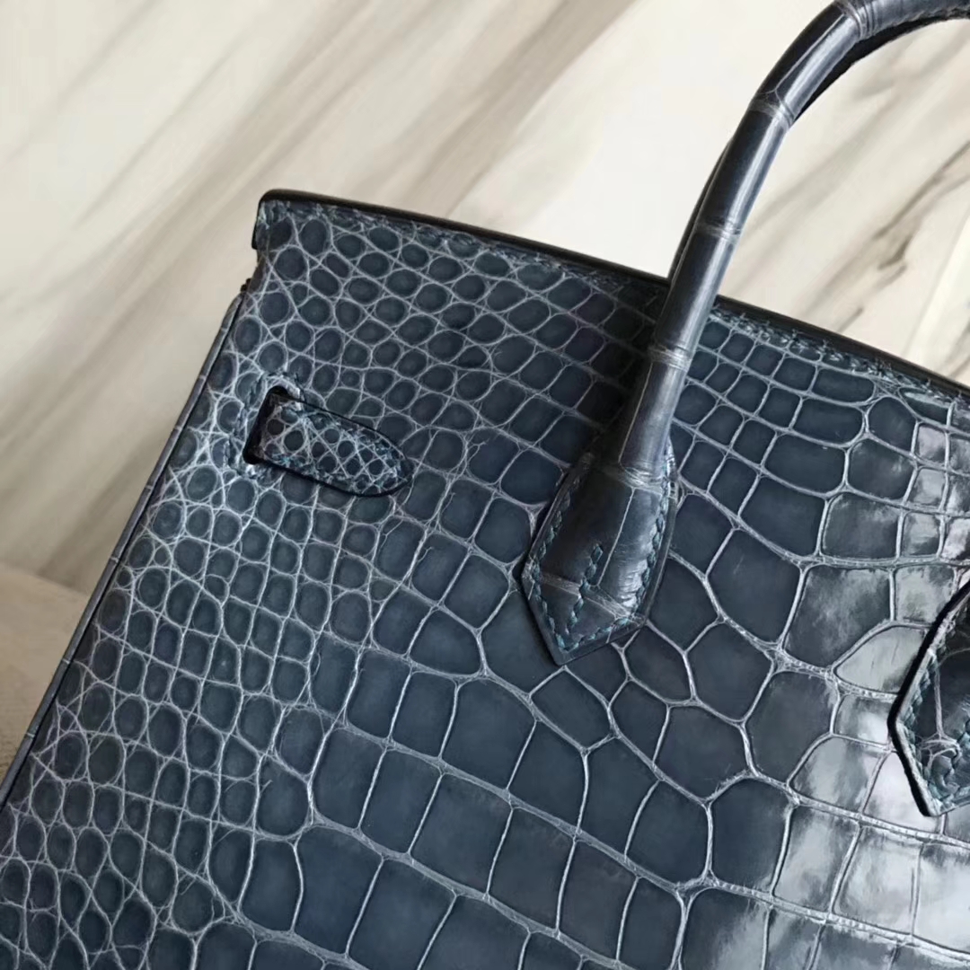 Luxury Hermes 1P Blue Colvert Shiny Crocodile Leather Birkin25CM Bag Gold Hardware