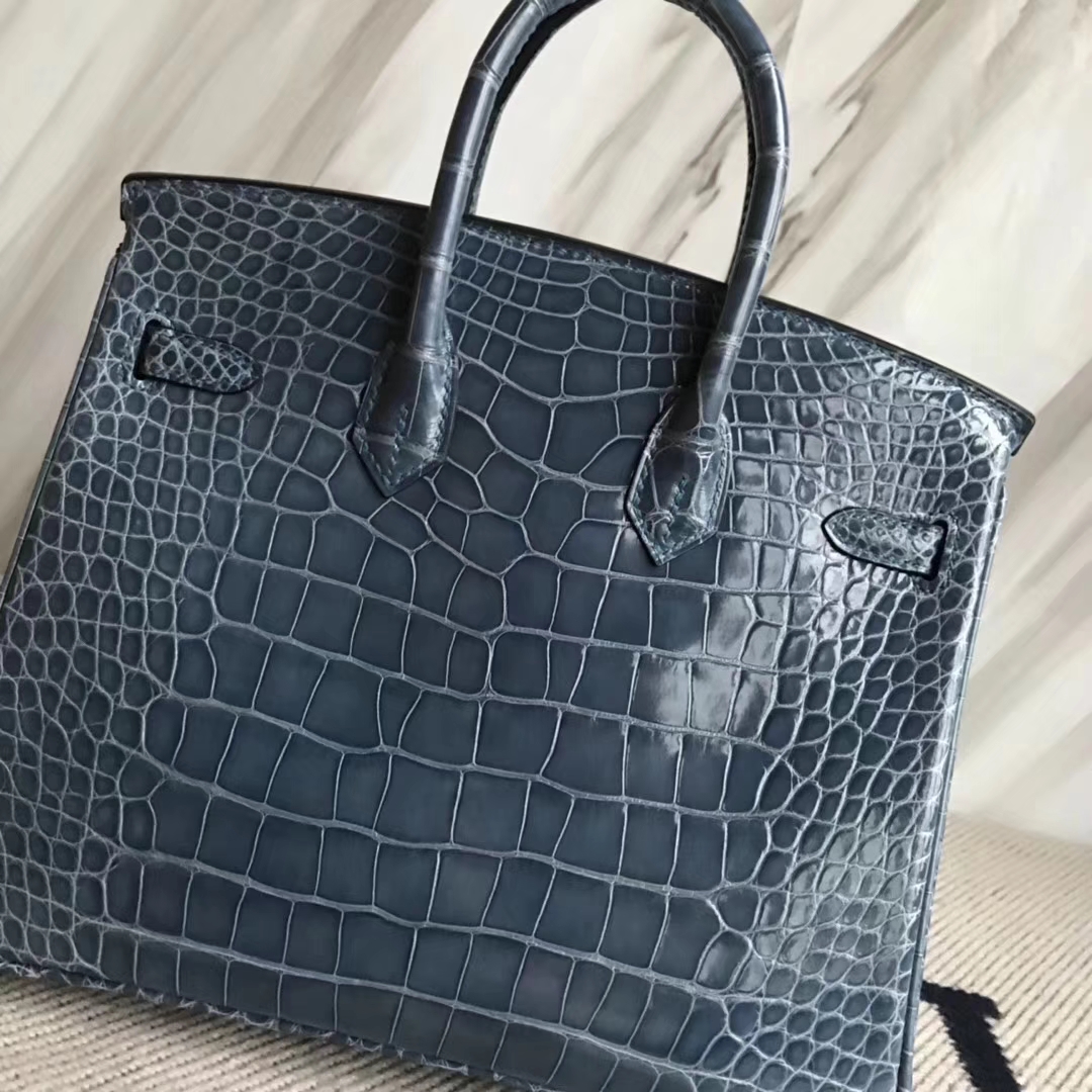 Luxury Hermes 1P Blue Colvert Shiny Crocodile Leather Birkin25CM Bag Gold Hardware