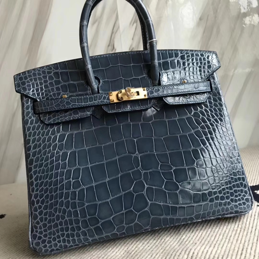 Luxury Hermes 1P Blue Colvert Shiny Crocodile Leather Birkin25CM Bag Gold Hardware