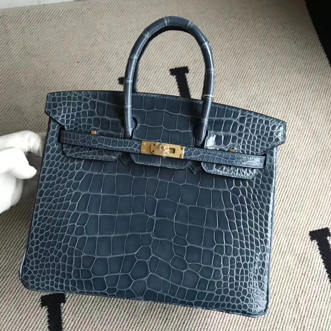Luxury Hermes 1P Blue Colvert Shiny Crocodile Leather Birkin25CM Bag Gold Hardware