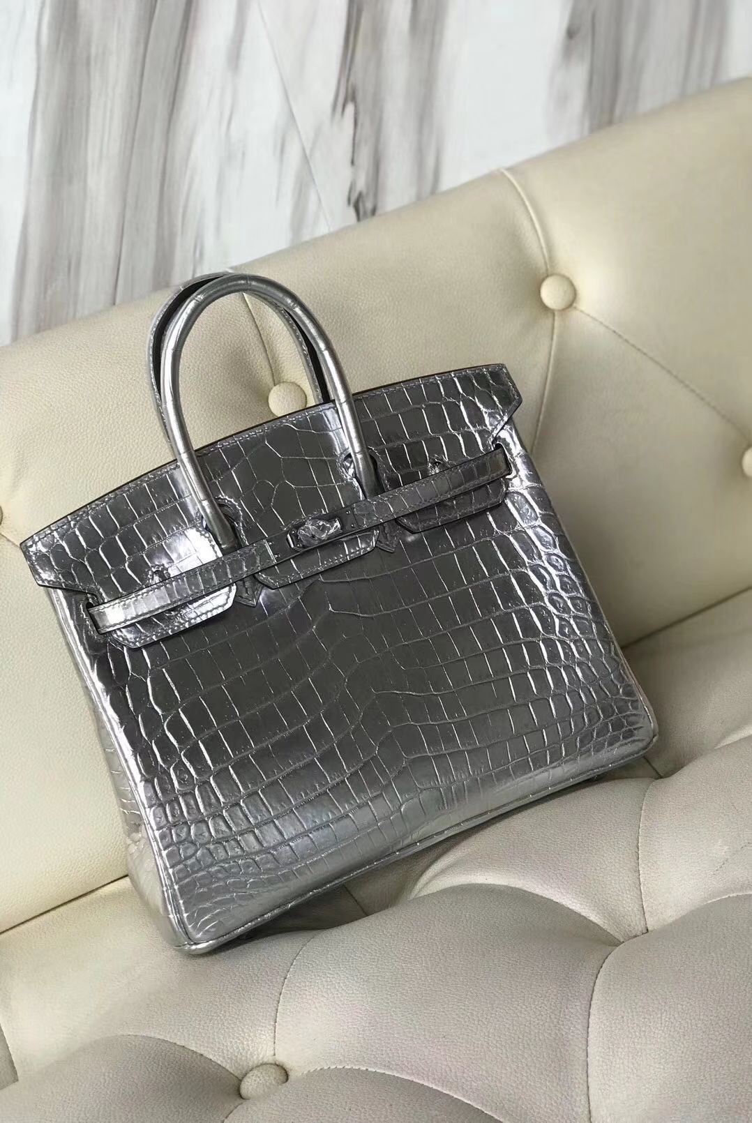 Luxury Hermes Silver Shiny Crocodile Leather Birkin25CM Bag Silver Hardware