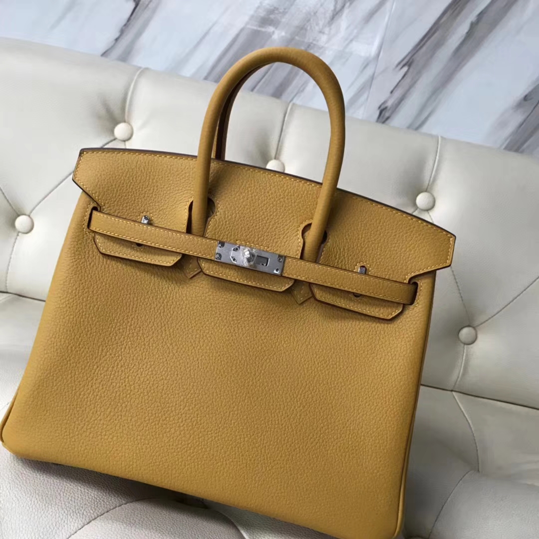 Fashion Hermes 9D Amber Yellow Togo Calf Leather Birkin25CM Bag Silver Hardware