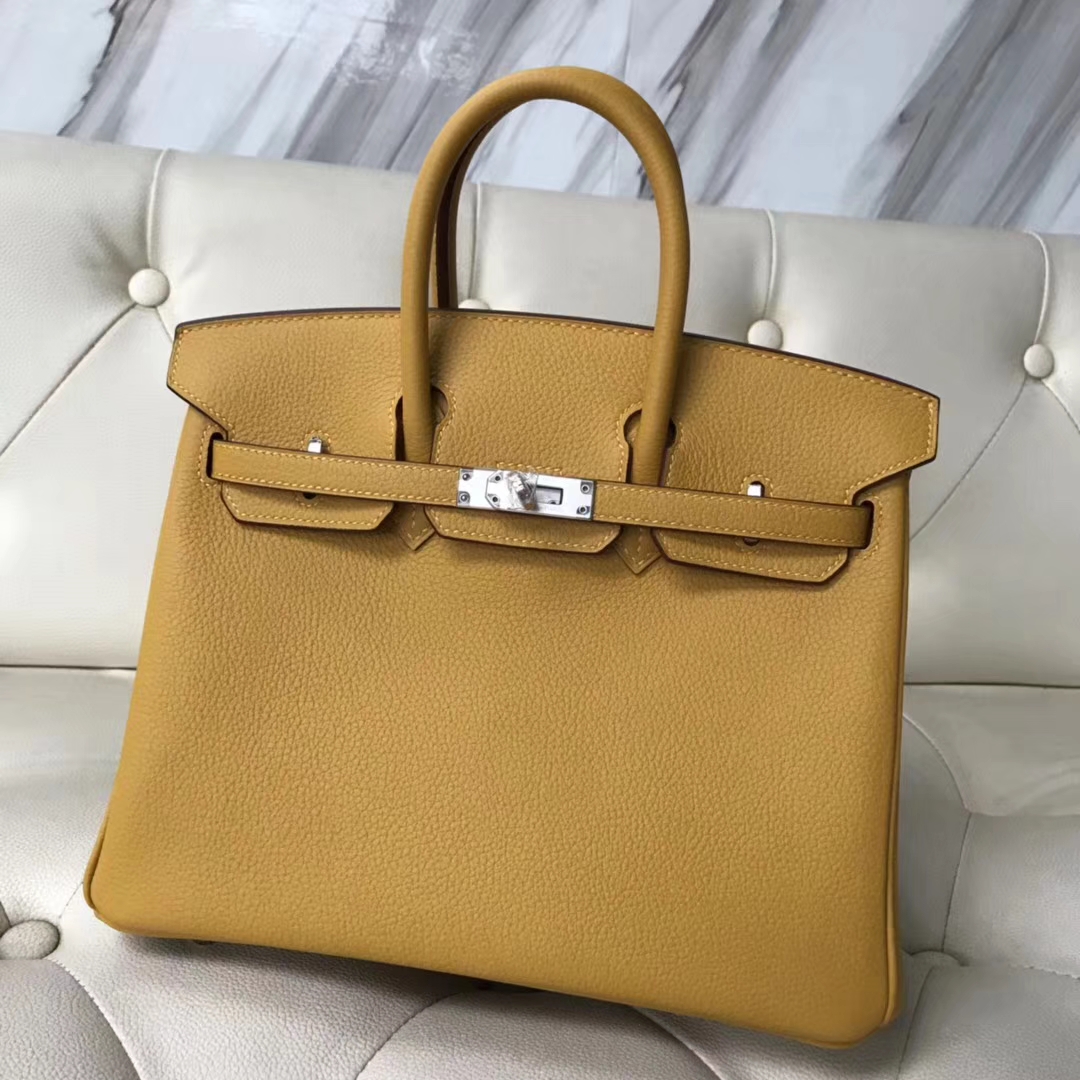 Fashion Hermes 9D Amber Yellow Togo Calf Leather Birkin25CM Bag Silver Hardware