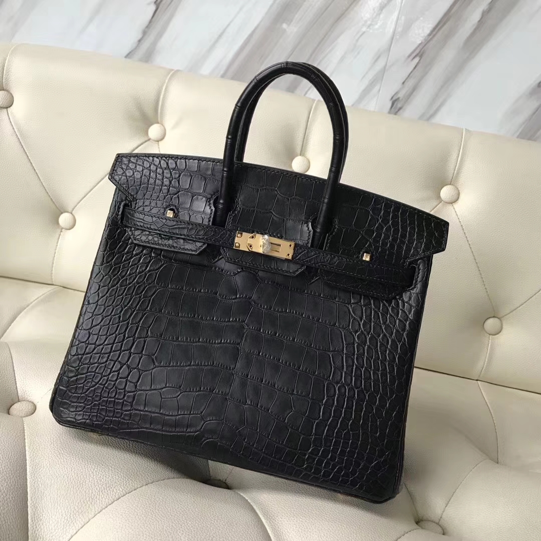 Discount Hermes CK89 Black Alligator Matt Crocodile Birkin25CM Bag Gold Hardware