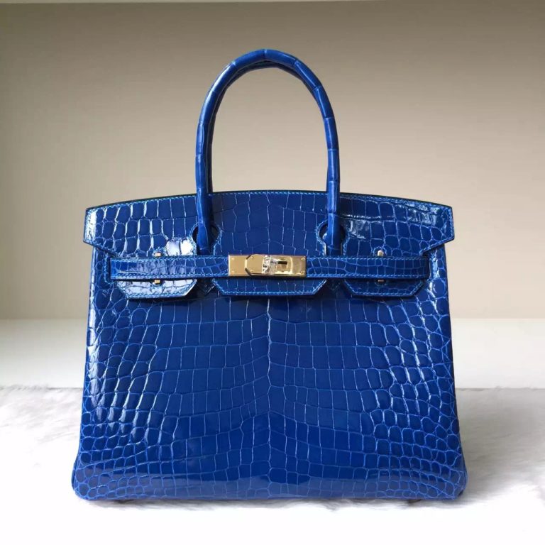 Hermes Bag 7Q Mykono Blue Crocodile Shiny Leather Birkin Bag  30cm