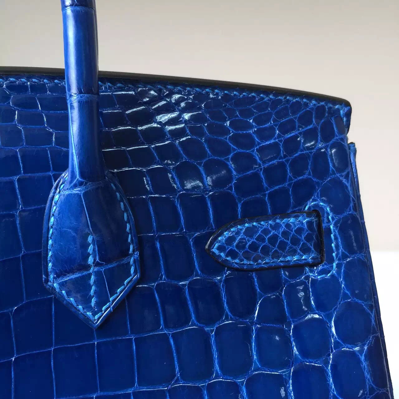 Luxury Hermes Bag 7Q Mykono Blue Crocodile Shiny Leather Birkin Bag 30cm