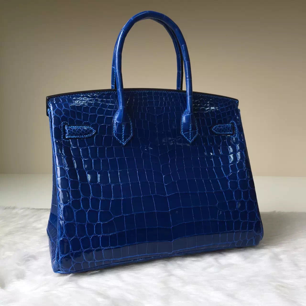 Luxury Hermes Bag 7Q Mykono Blue Crocodile Shiny Leather Birkin Bag 30cm