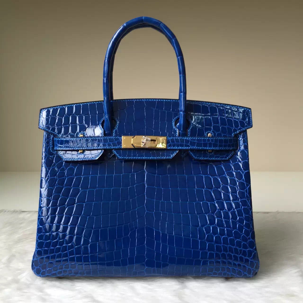 Luxury Hermes Bag 7Q Mykono Blue Crocodile Shiny Leather Birkin Bag 30cm