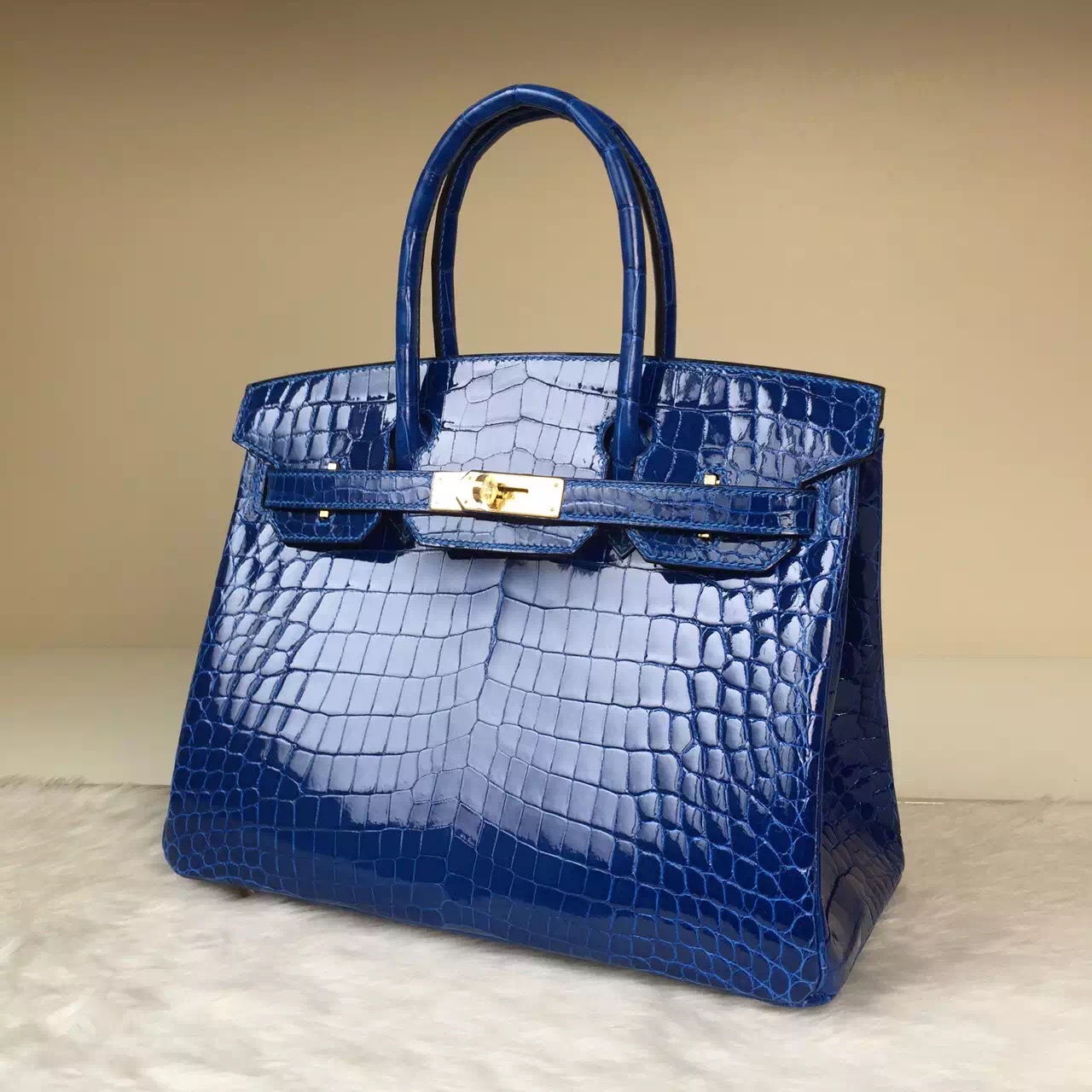 Luxury Hermes Bag 7Q Mykono Blue Crocodile Shiny Leather Birkin Bag 30cm