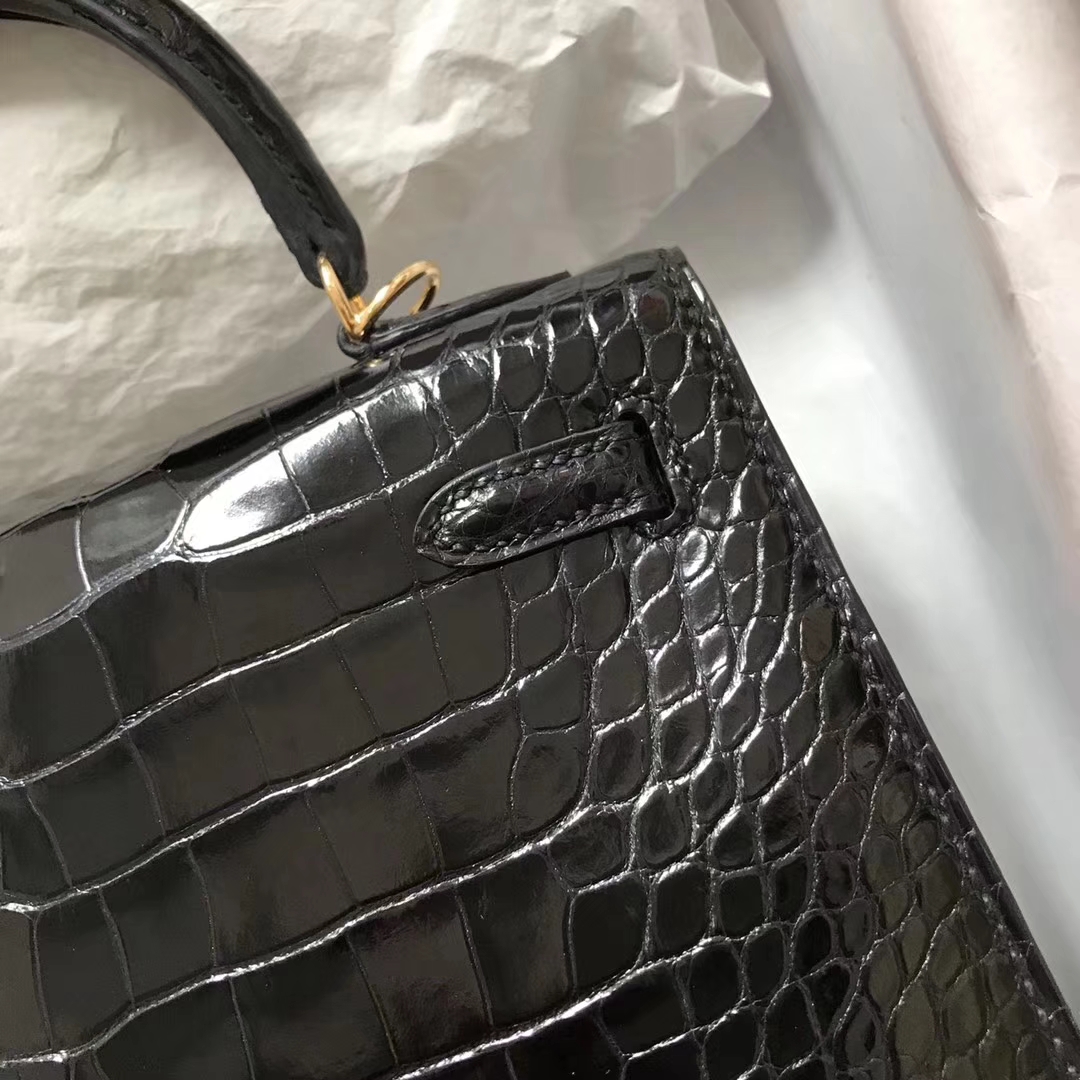 Sale Hermes Shiny Crocodile Leather Kelly25CM Bag in CK89 Black Gold Hardware