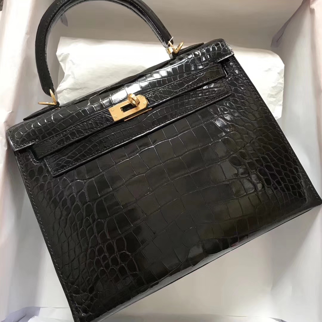 Sale Hermes Shiny Crocodile Leather Kelly25CM Bag in CK89 Black Gold Hardware
