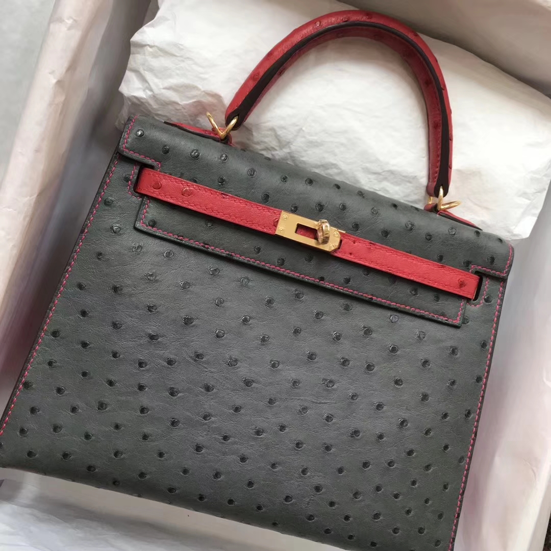 Wholesale Hermes 8F Etain Grey/Q5 Rouge Casaque Ostrich Leather Kelly25CM Bag