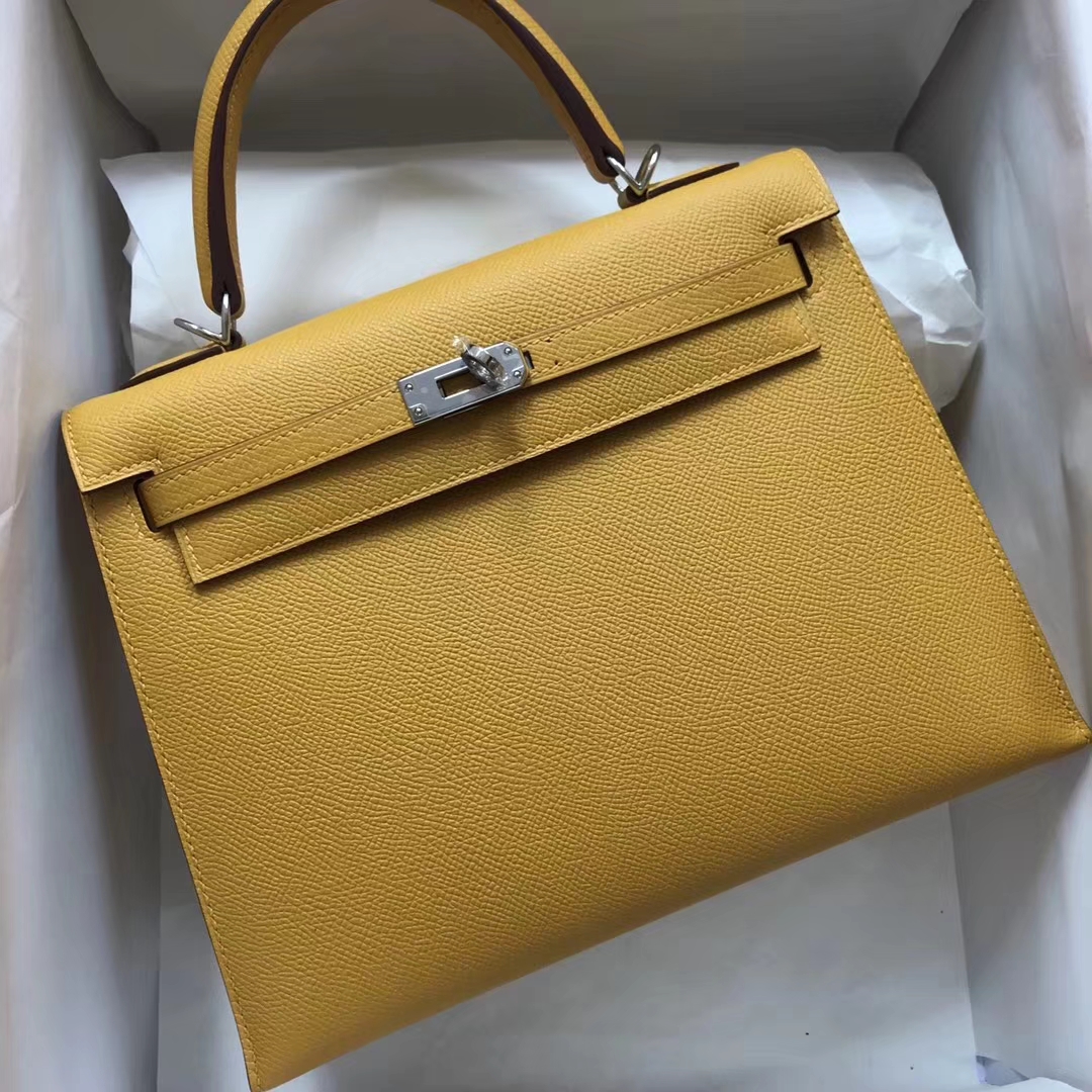 Fashion Hermes 9D Ambre Yellow Epsom Calf Kelly25CM Bag Silver Hardware
