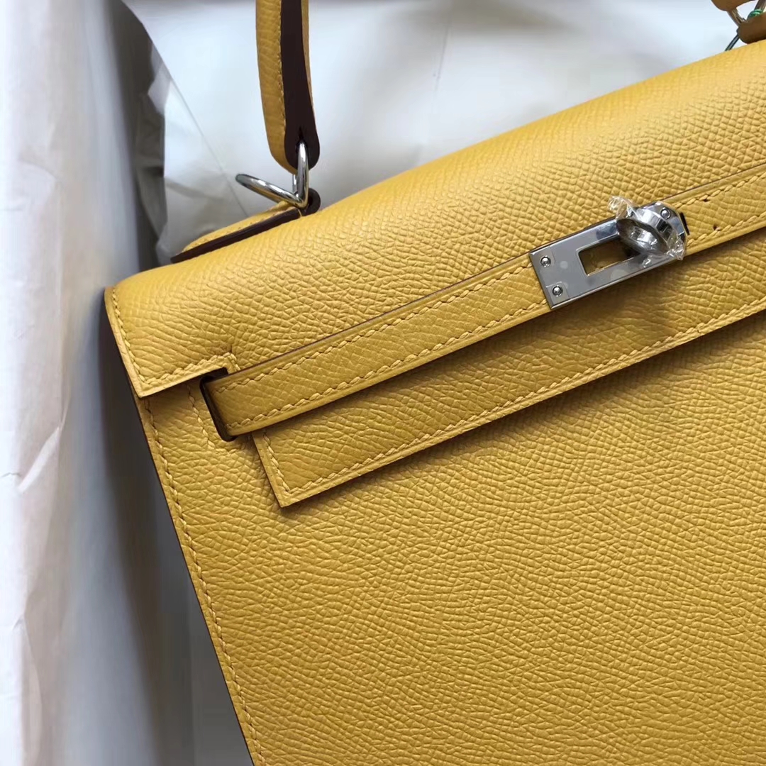 Fashion Hermes 9D Ambre Yellow Epsom Calf Kelly25CM Bag Silver Hardware