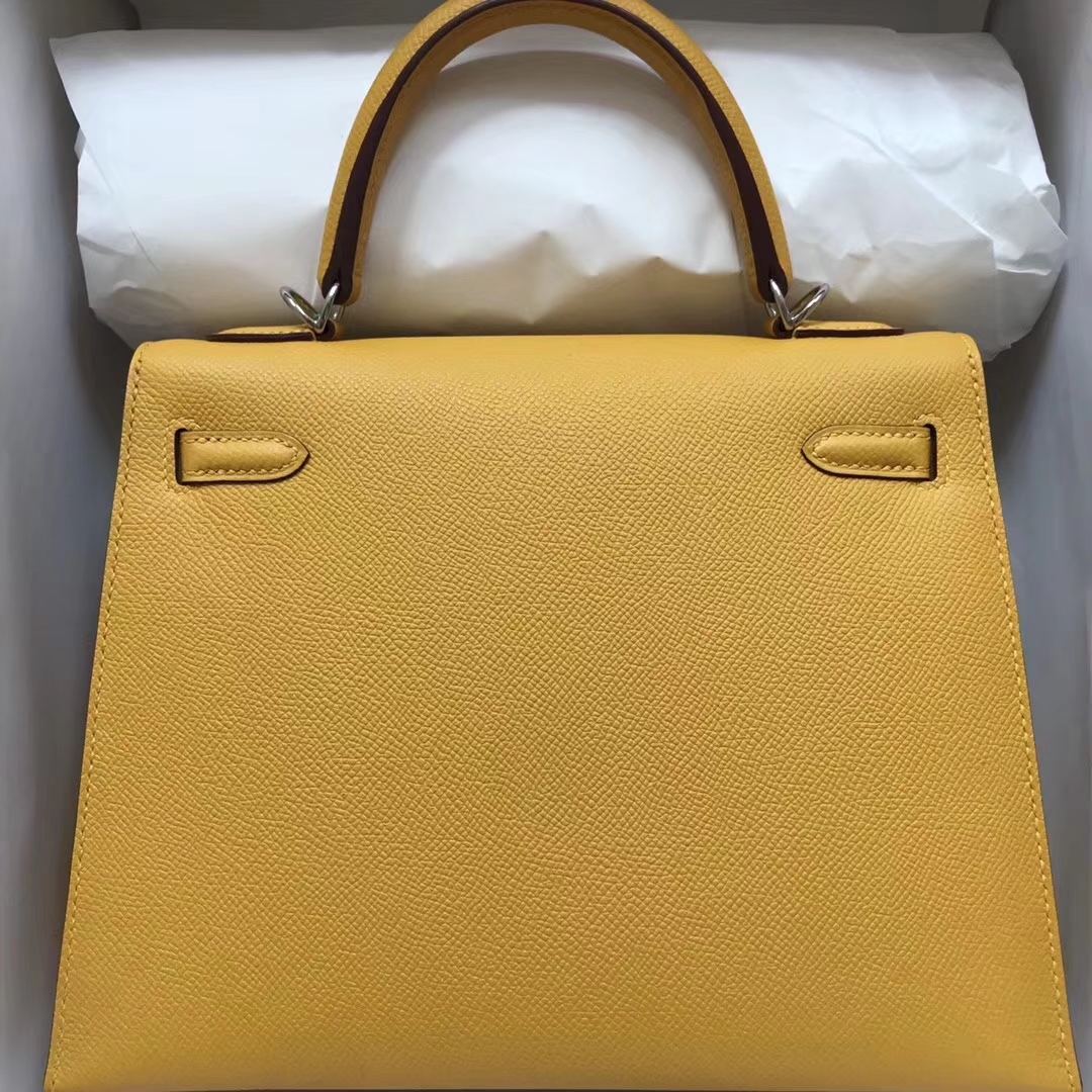 Fashion Hermes 9D Ambre Yellow Epsom Calf Kelly25CM Bag Silver Hardware