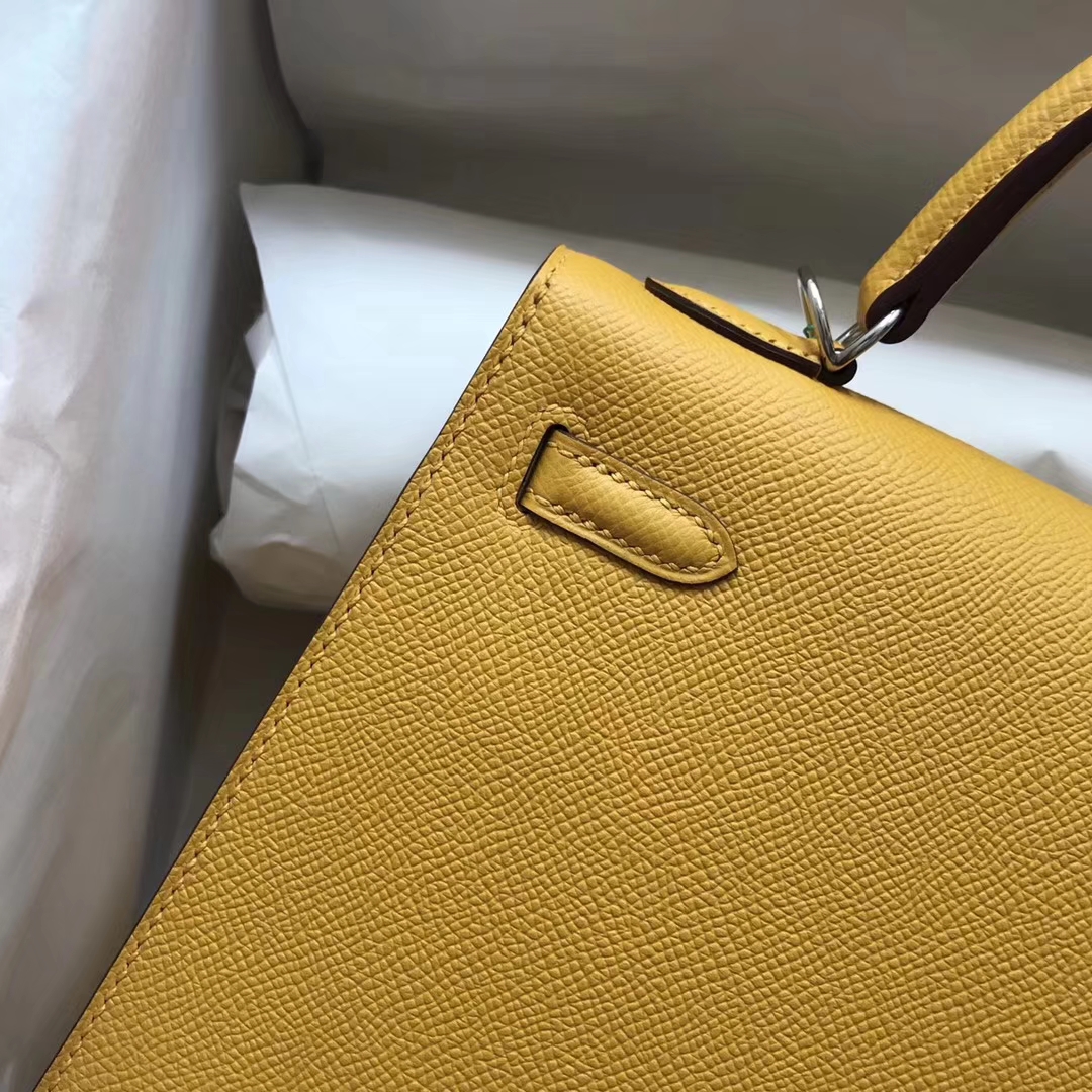 Fashion Hermes 9D Ambre Yellow Epsom Calf Kelly25CM Bag Silver Hardware