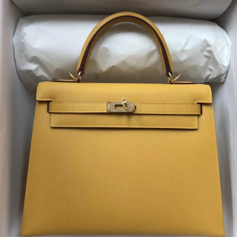 On Hermes Epsom Calf Kelly Bag 25CM in 9D Ambre Yellow Gold Hardware