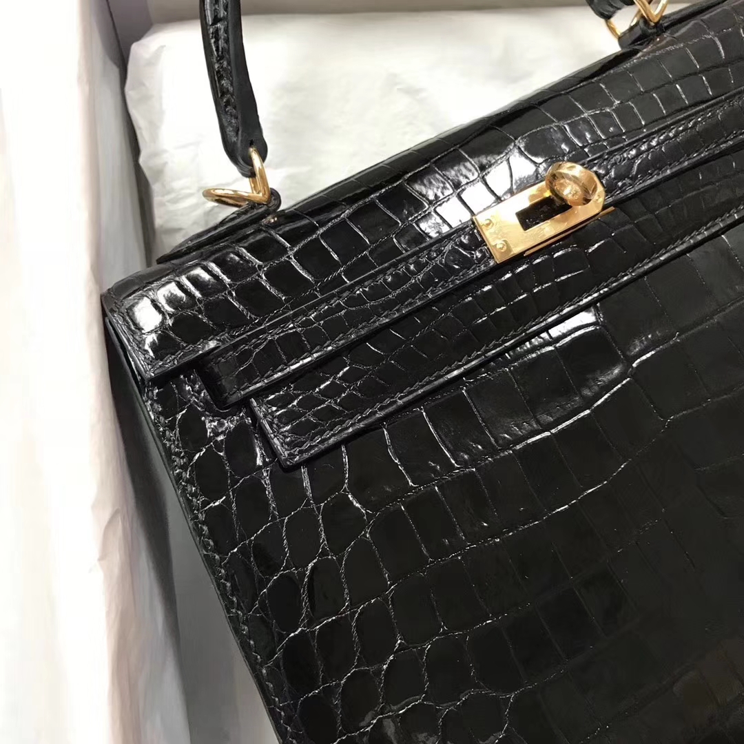 Luxury Hermes Shiny Crocodile Leather Kelly25CM Bag in CK89 Black Gold Hardware