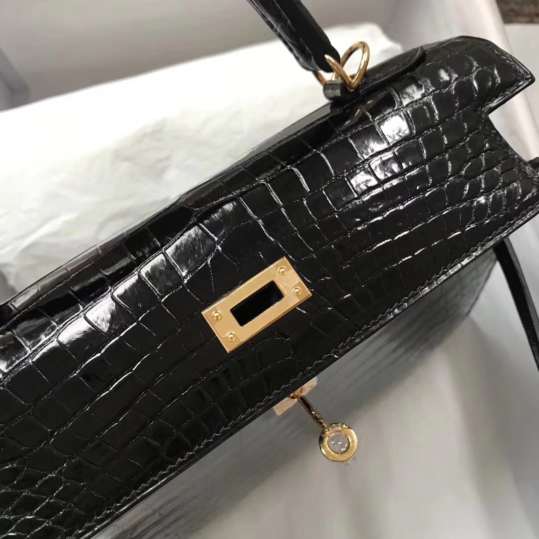 Luxury Hermes Shiny Crocodile Leather Kelly25CM Bag in CK89 Black Gold Hardware
