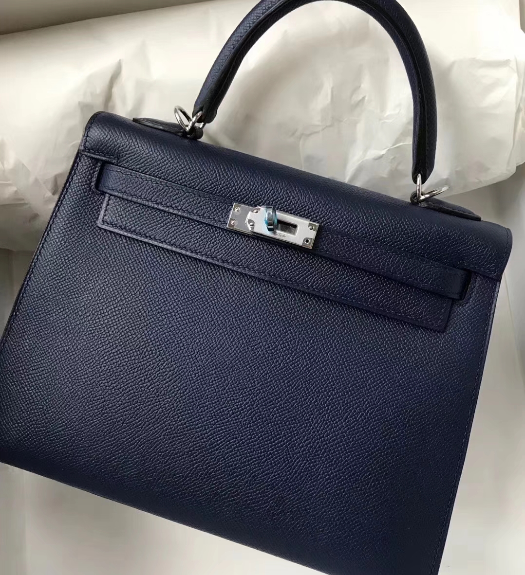 Discount Hermes 73 Blue Saphir Epsom Calf Kelly Bag25CM Silver Hardware