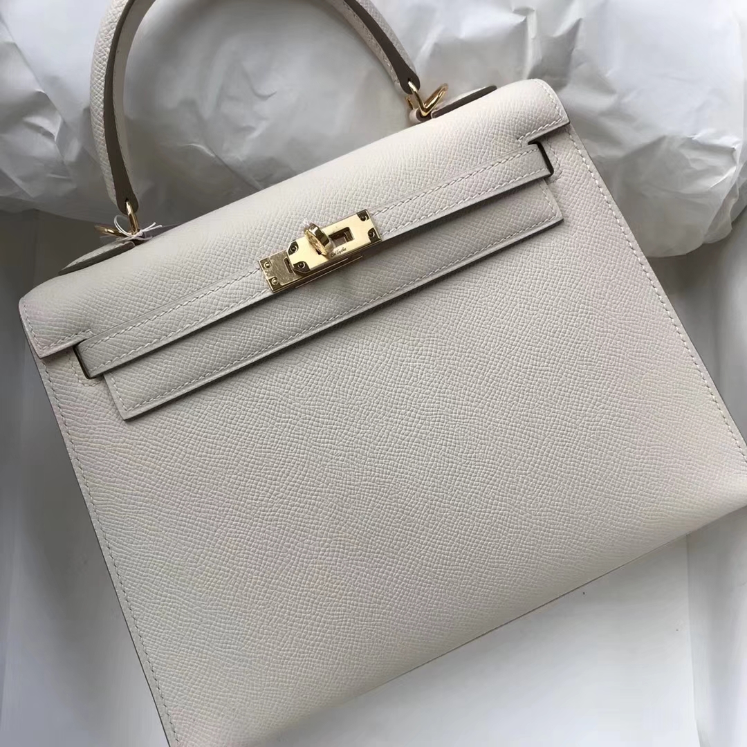 Elegant Hermes CK10 Craie Epsom Calf Kelly Bag25CM Gold Hardware