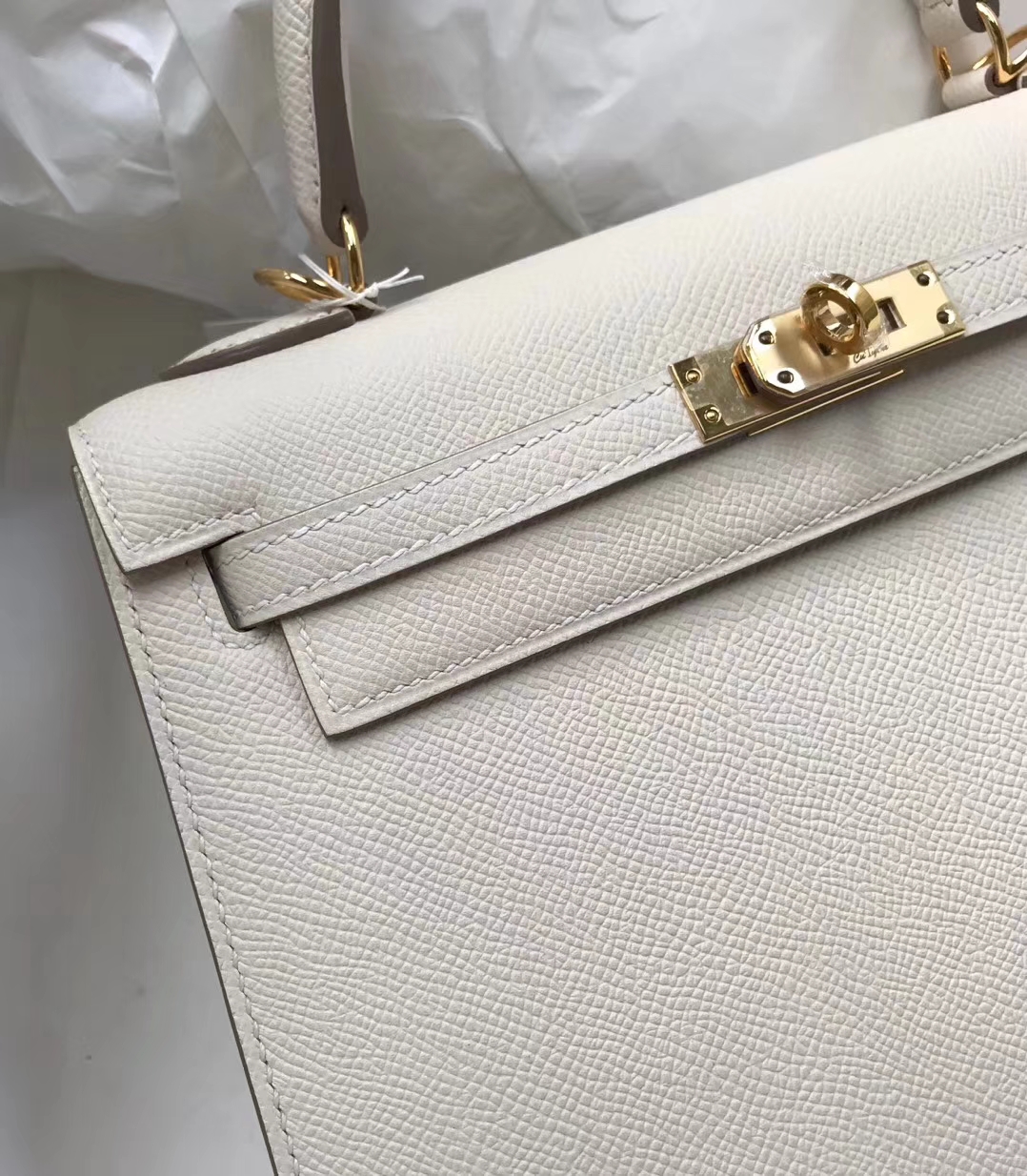 Elegant Hermes CK10 Craie Epsom Calf Kelly Bag25CM Gold Hardware