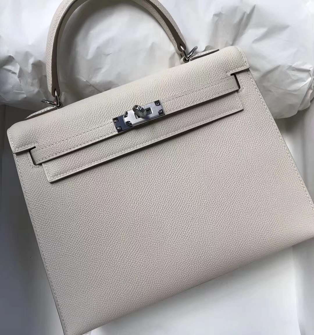 Discount Hermes Epsom Calf Kelly Bag25CM in CK10 Craie Silver Hardware