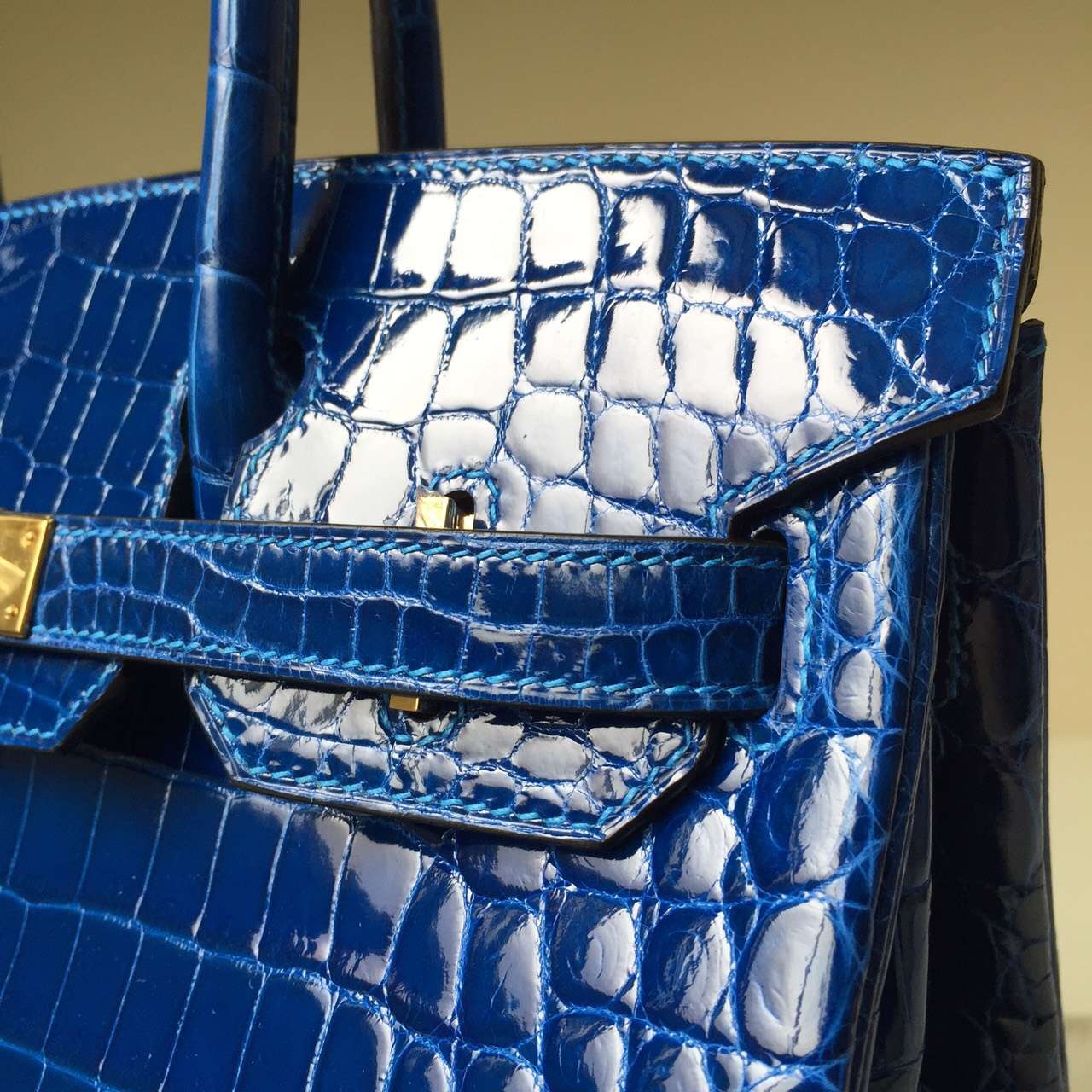 Luxury Hermes Bag 7Q Mykono Blue Crocodile Shiny Leather Birkin Bag 30cm