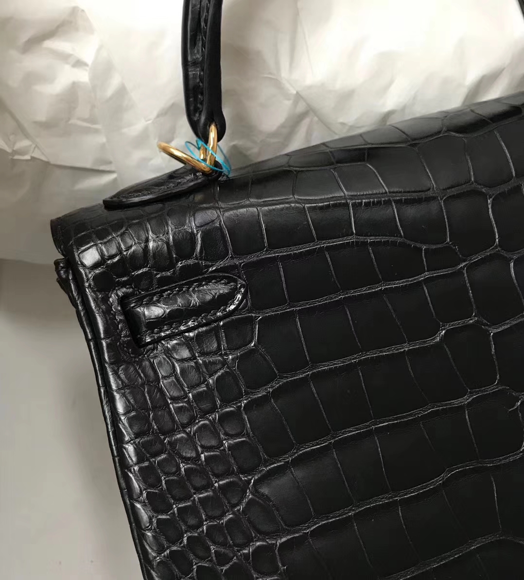 Noble Hermes Crocodile Leather Kelly Bag25CM in CK89 Black Gold Hardware