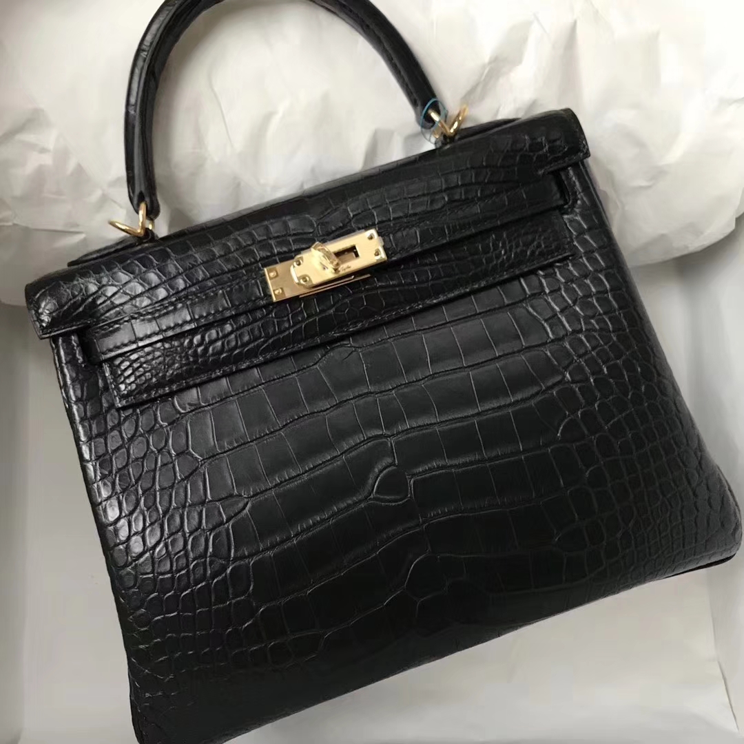 Noble Hermes Crocodile Leather Kelly Bag25CM in CK89 Black Gold Hardware